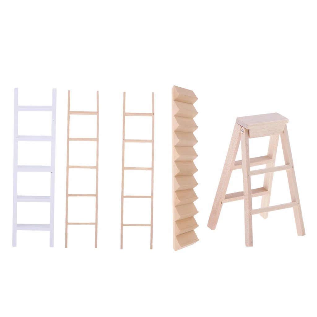 Miniature Straight Wooden Ladder Folding Ladder Staircase For Dollhouse Outdoor Accessories 5 Pieces