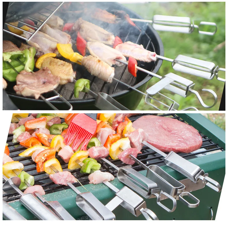 4pcs 13.75" Stainless Steel Barbecue Skewers Reusable Shish Kabob Skewers Portable Metal Long Wide BBQ Sticks Picnic Accessories