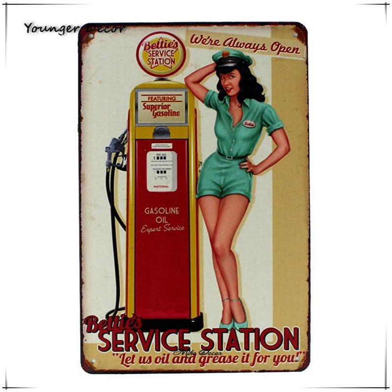 Pin Up Girl Betties Станция обслуживания Настенный декор мы всегда открытые
