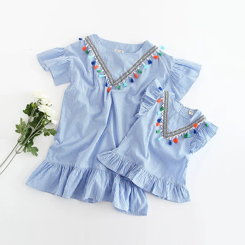 

Mother Daughter Dresses Tassels Family Matching Outfits O-neck Mommy and Me Clothes 100% Cotton Stirped Mom and Daughter Dress