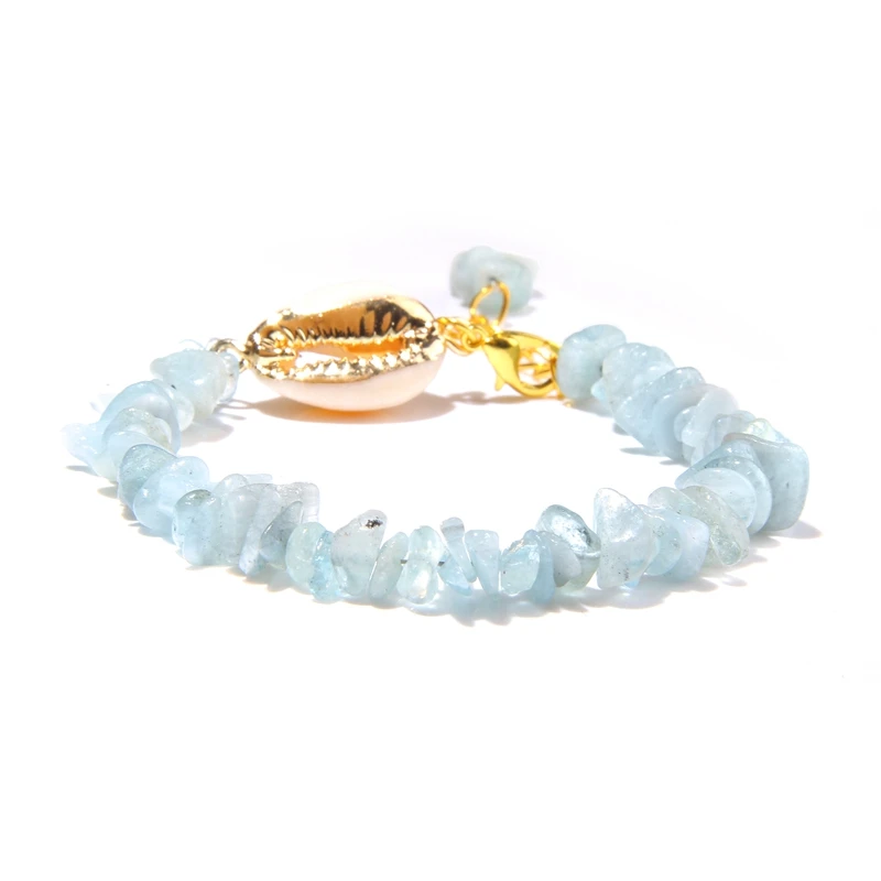 Cowrie Shell Bracelet Natural Stone Chips Crystal Seashell Hand Chain Bracelet for Women Femme Beach Jewelry Bohemian - Окраска металла: Aquamarine