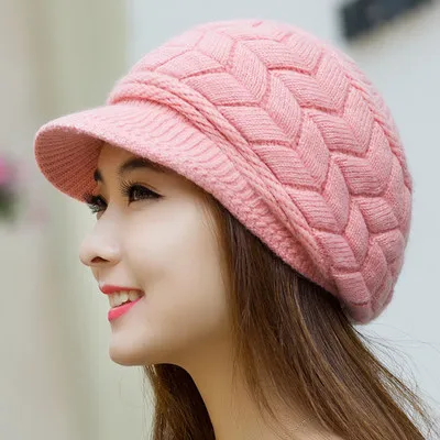 Women's Rabbit Hair Knitted Hat Cap Beret Cotton Thicken Warm Visor Octagonal Hats Painter's Hat Female Hats