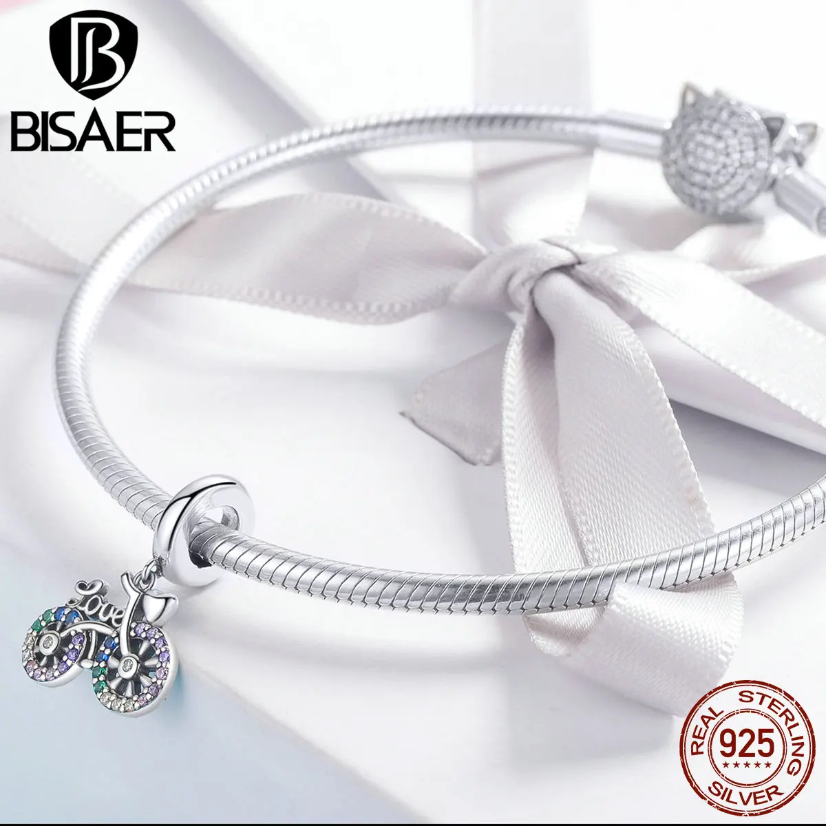 BISAER 925 пробы серебро красочные CZ велосипед кулон очаровательный подрходит к