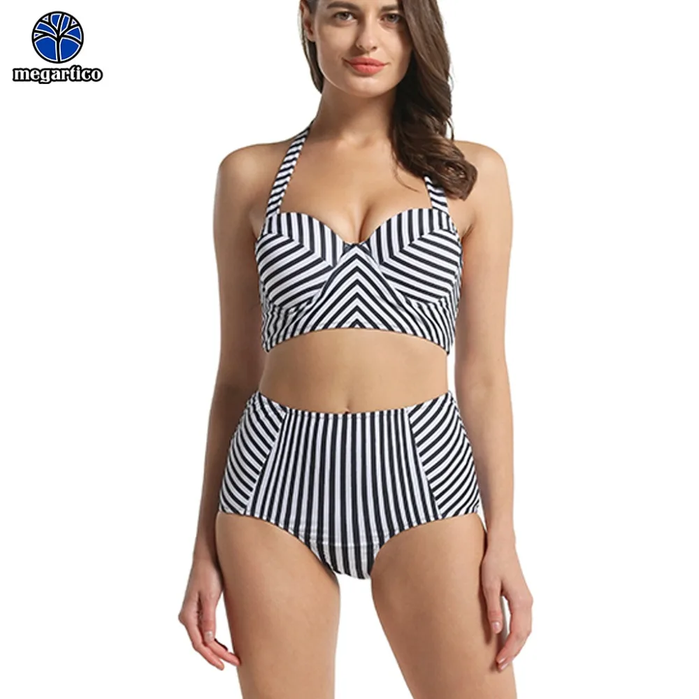 megartico women Bikini 2019 high waist retro black white stripe print two pieces swimsuit push up halter ladies bathing suit | Спорт и
