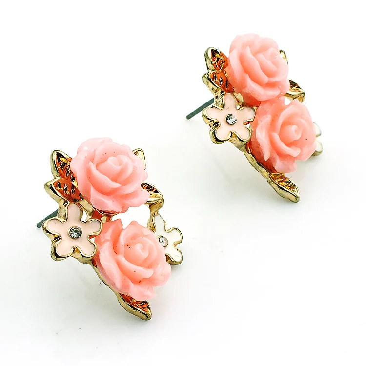 JINGLANG New Fashion Stud Earrings Gold Color Pink Resin Flower For Women Jewelry Gift Free Shipping | Украшения и аксессуары
