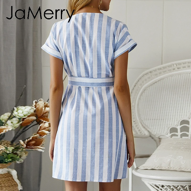 JaMerry винтажное синее Полосатое женское летнее короткое платье сексуальное с