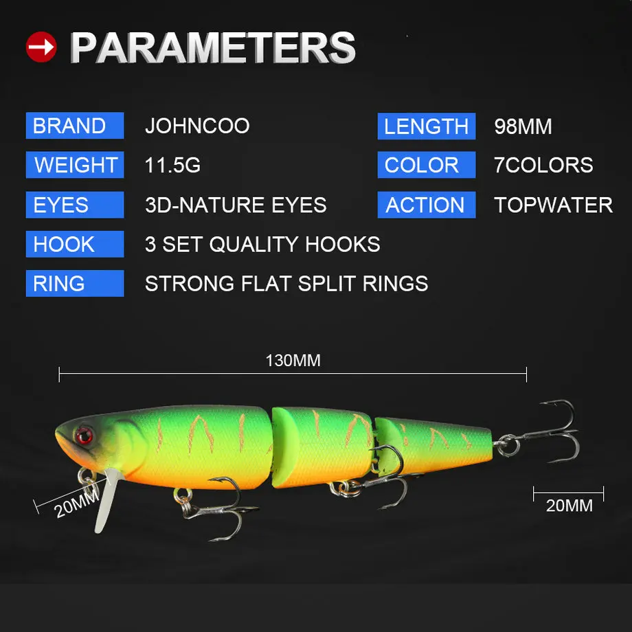JOHNCOO Topwater Wobbler Bait and Swimming Bait Fishing Lure 98mm/11.5g 3 Segment Minnow Lure for Bass Pike