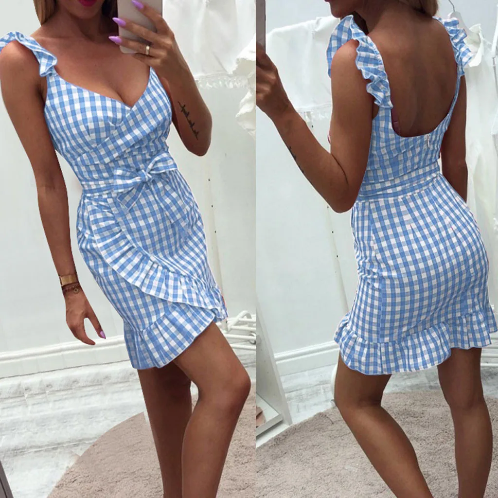 Женское Короткое платье карандаш клетчатое с оборками открытыми плечами и