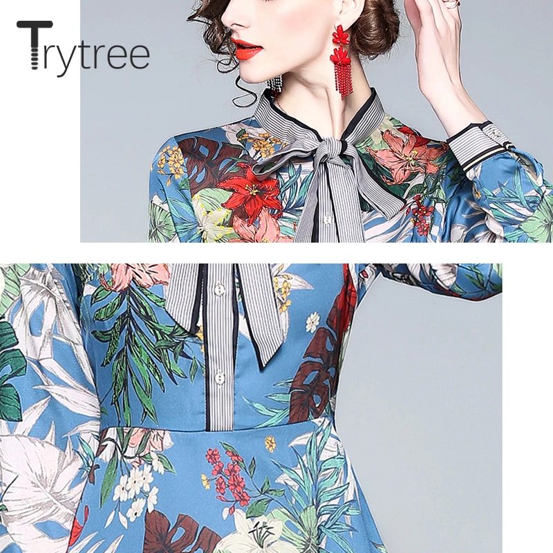 Trytree 2019 лето осень повседневное Элегантное синее платье с цветочным принтом