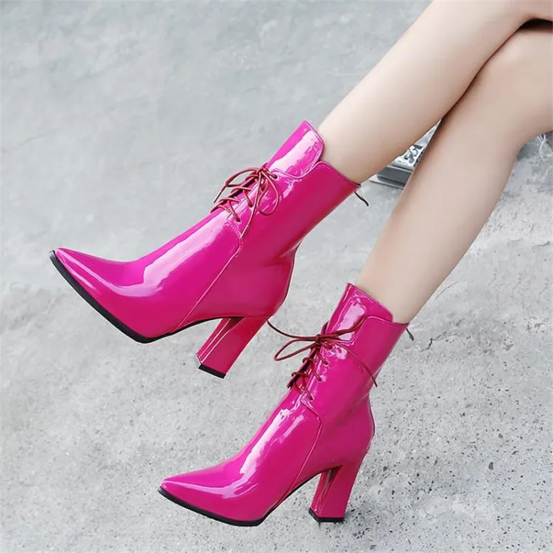 Brand Designers 2018 Winter Patent Women Shoes Black High Heels Riding Boots Lacing Platform Ankle Chunky Large Size 32-43 | Обувь