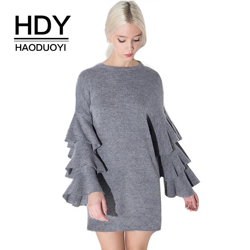 HDY Haoduoyi однотонное серое Короткое мини платье с рюшами и длинными рукавами