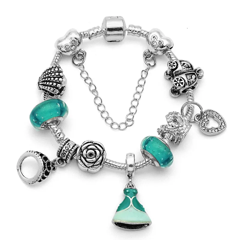 Ariel Dress Bijoux, цветное платье принцессы, браслет и браслеты для женщин, Европейский, сделай сам, стеклянные бусины, пан, браслеты с подвесками, Женские Ювелирные изделия - Окраска металла: Ariel Dress