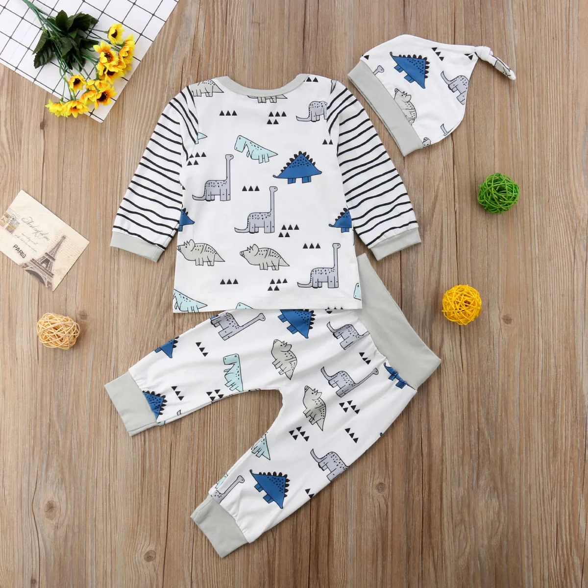 new FASHION printing lovely hat Newborn Kids Baby Boys Girls Dinosaur Tops Long Pants Hat Outfits Clotheswild stylish CH | Детская