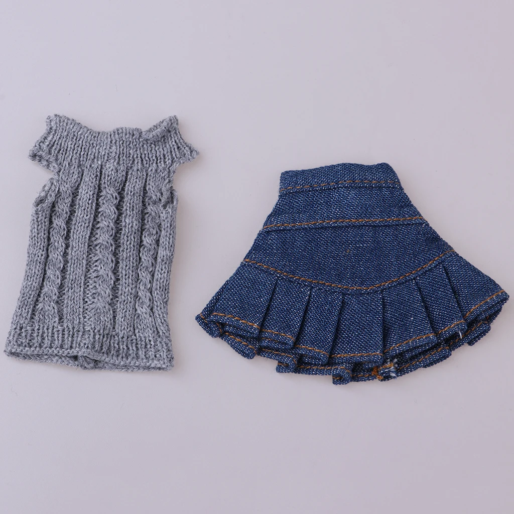 Стильный комплект одежды из 2 предметов, коллекция 1/6 года, Licca OB Girl My Life Dolls, вязаный свитер джинсовая юбка Модная Одежда для кукол серого и синего цвета