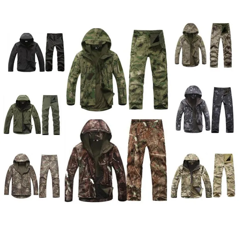 Outdoor softsell military camouflage suit men's tactical waterproof jacket For Hunting Hiking fishing fleece jacket pants