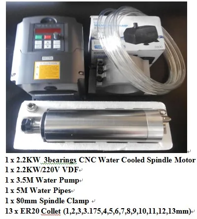 2.2kw 220v 3bearing Станок ER11 1.5kw с водяным охлаждением шпинделя и 1500 Вт VFD и 80 мм зажим и насос охлаждающей воды и 7 шт. ER11 для поворотный стол с ЧПУ - Цвет: 2.2kw 220v 3bearing