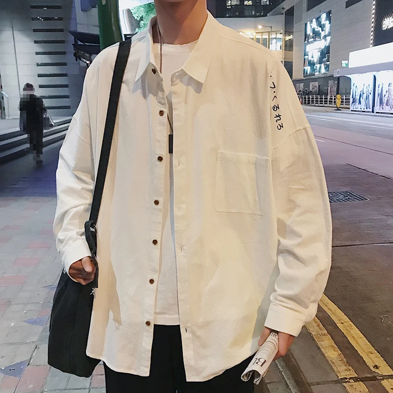 verano coreano juvenil suelta, повседневная, algodón bordado, цветная, sólido letra solapa, camisa de manga larga hombre, M-2XL - Цвет: white