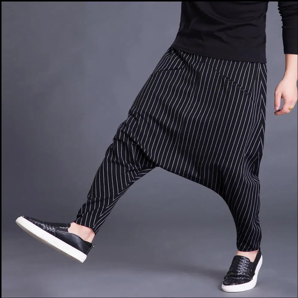 S-5xl New Winter Men Casual Loose Stripe Harem Pants Large Crotch Pants Hairstylist Tide Fashion Low Cross Trousers