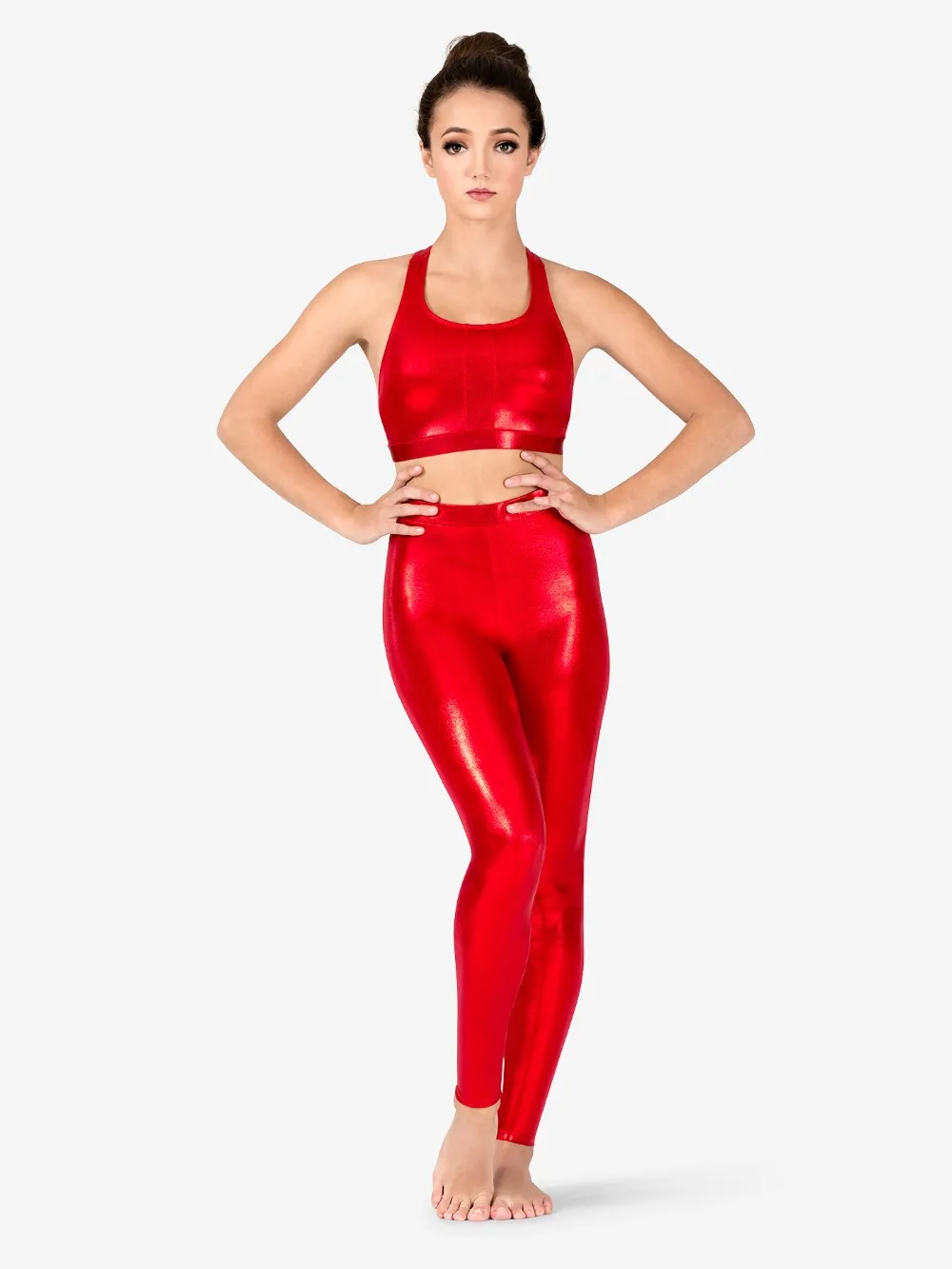 ICOSTUMES Mid Waist Womens Metallic Dance Leggings Elastic Waist Adult Shiny Stage Performer Skinny Pants