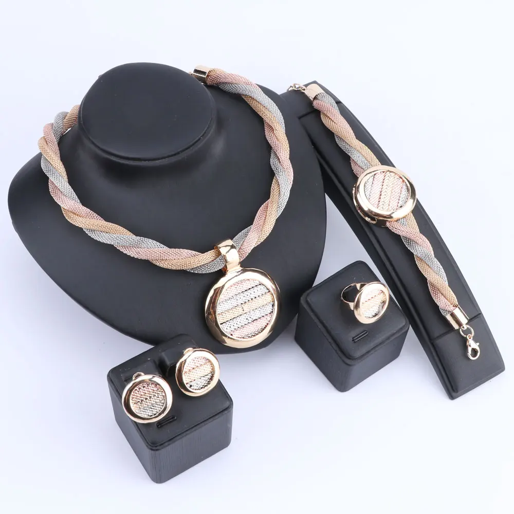 Bridal Gift Nigerian Wedding Jewelry Set Fashion Dubai Crystal Costume Design Round 3 Color Necklace Ring Sets | Украшения и