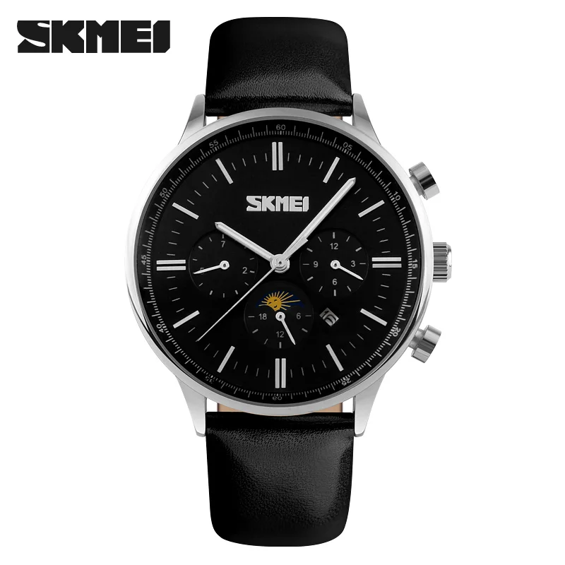 black SKMEI Мужские кварцевые часы роскошные часы Relogio Masculino модные повседневные синие из натуральной кожи водонепроницаемые мужские наручные часы Relojes - Цвет: black