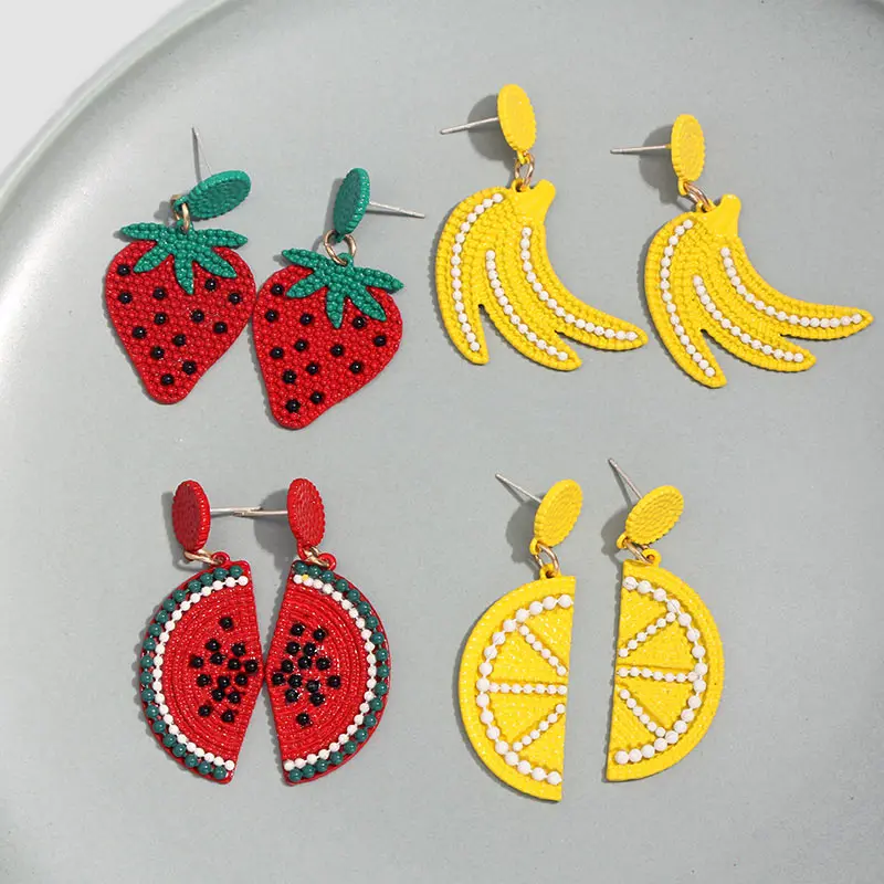 JUST FEEL Korean Trendy New Fruit Earrings For Women Crystal Rhinestone Strawberry Watermelon Drop Earring Wedding Party Jewelry | Украшения