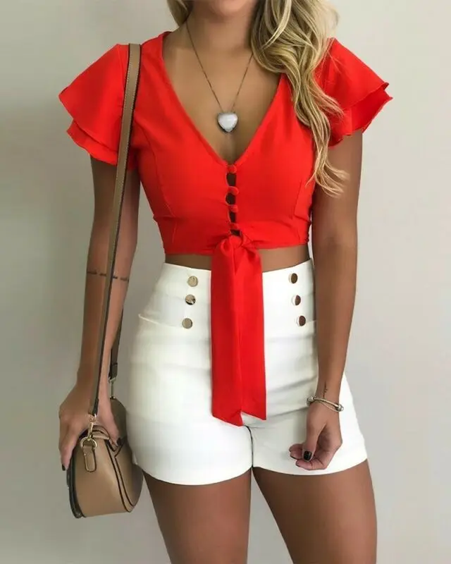 

Fashion Womens Ruffled Button-Down Shirt Top Shirt Casual Blouse Solid Color UK