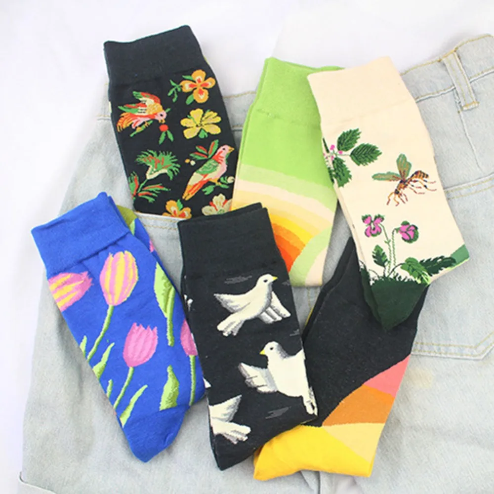 new Men Short socks Women print floral Colorful Sock combed cotton funny Socks Men's big size crew | Мужская одежда