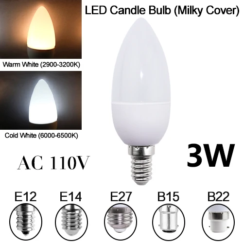 Milky Candle 110V Светодиодный лампы в форме свечи лампы E27 E14 энергосберегающая лампа светильник 220V 3W 5 Вт 7 Вт E12 B15 B22 Bombilla Lampara люстра домашнее украшение точечный светильник - Испускаемый цвет: Milky Candle 110V