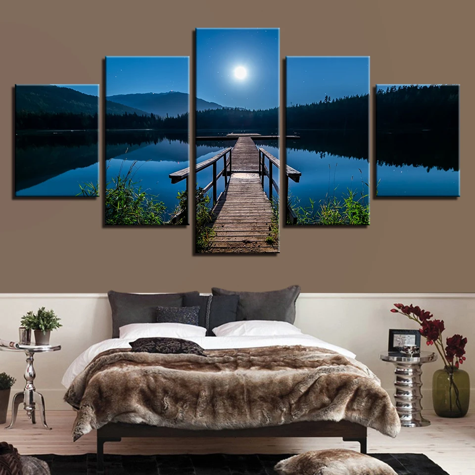 

Canvas Wall Art Pictures HD Prints Posters Living Room Framework 5 Pieces Bridge Calm Lake Moon Night Scene Paintings Home Decor