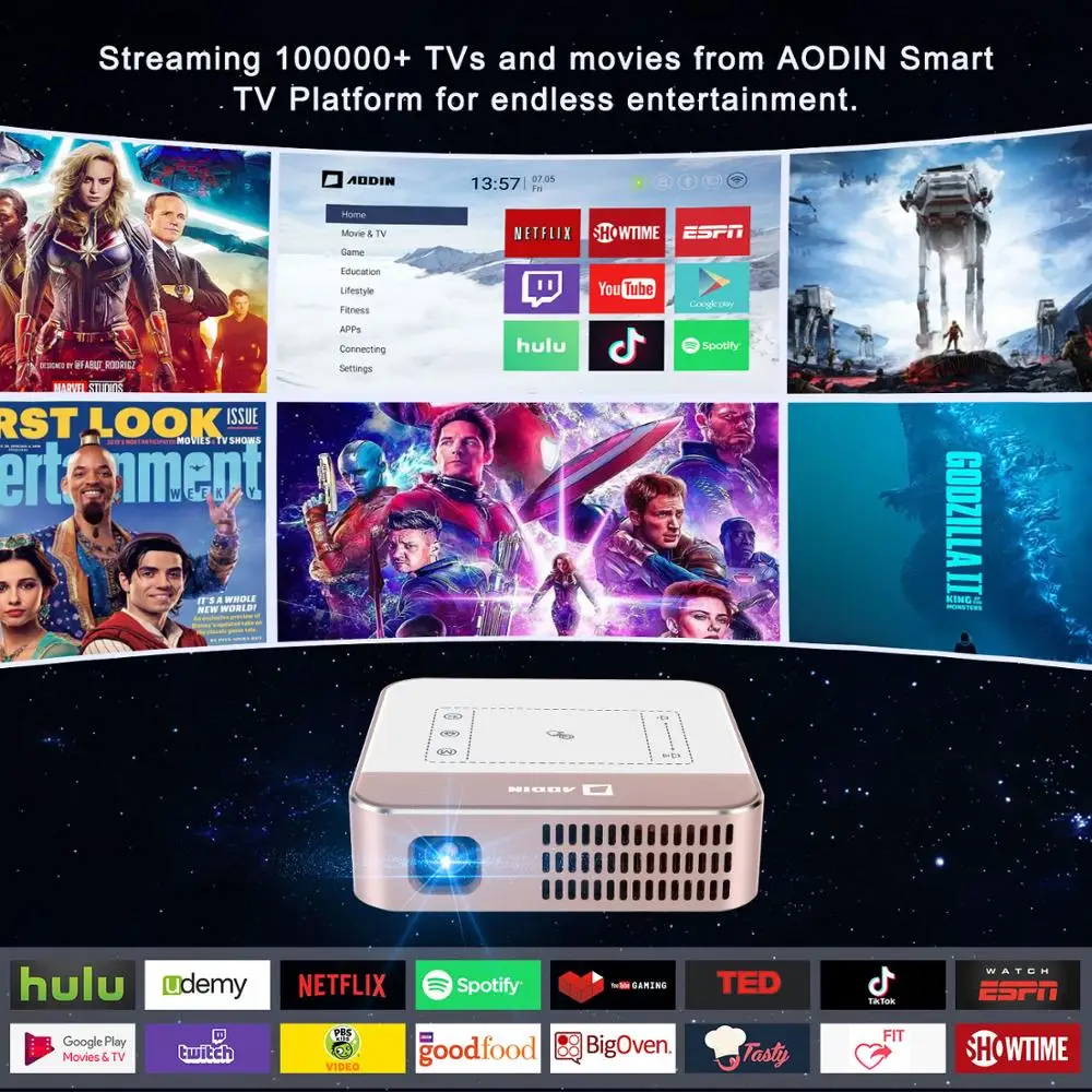 AODIN WOW 150 Ansi Lumen Wi Fi Smart HD видео мини проектор портативный LED DLP ТВ 4K Stream 100000 + TV & Movies| |