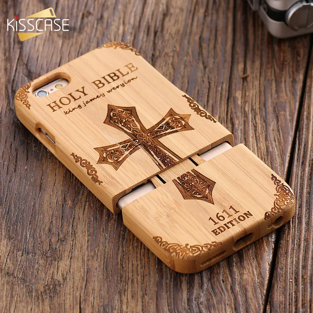 KISSCASE Fashion Natural Wood Compact Case For iPhone 6 6s Plus 100% Bamboo Engraved Wolf Cross Cover Samsung S6 S7 Edge |