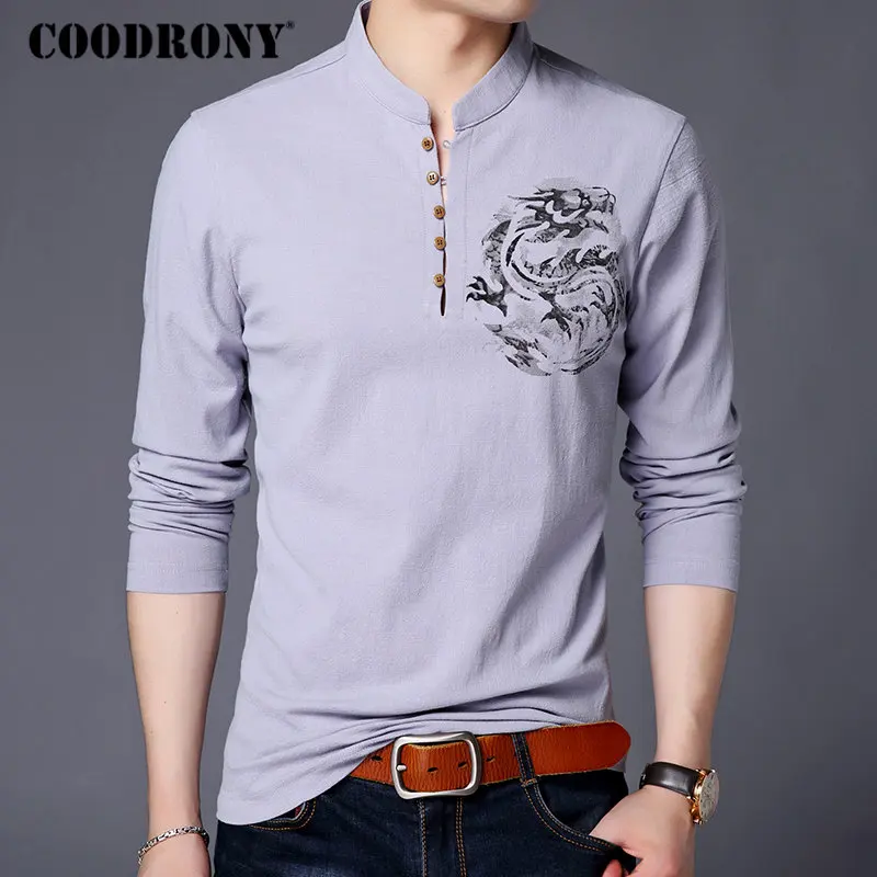 COODRONY, китайский стиль, воротник-стойка, футболка, мужская, длинный рукав, хлопок, футболка, Мужская одежда, лен, футболка, Homme, T006