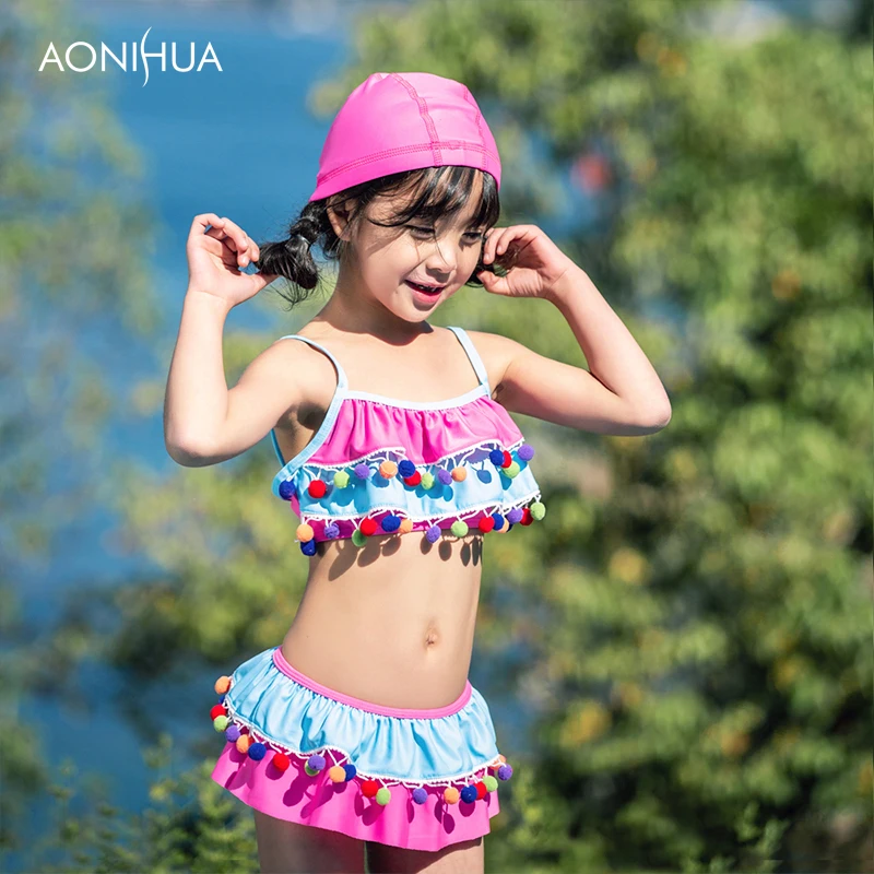 AONIHUA/купальный костюм из двух предметов для девочек украшенный боллами Лоскутная