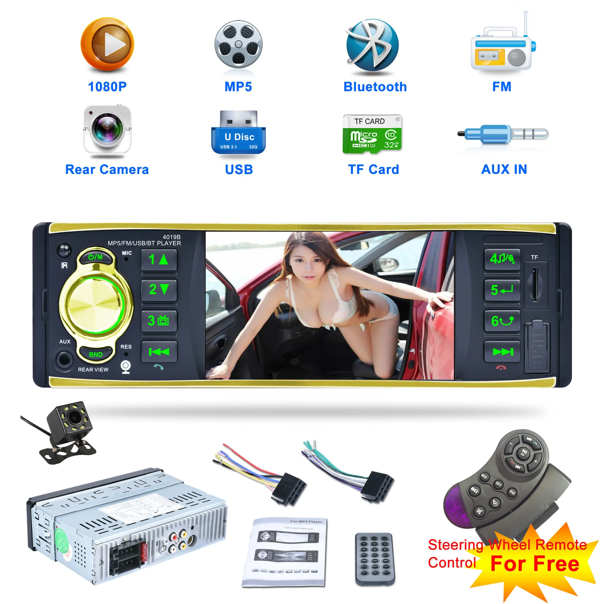 

4.1 inch Car Radio Audio Stereo AUX FM Radio Station Bluetooth-compatible Autoradio with Rearview Camera Remote Control