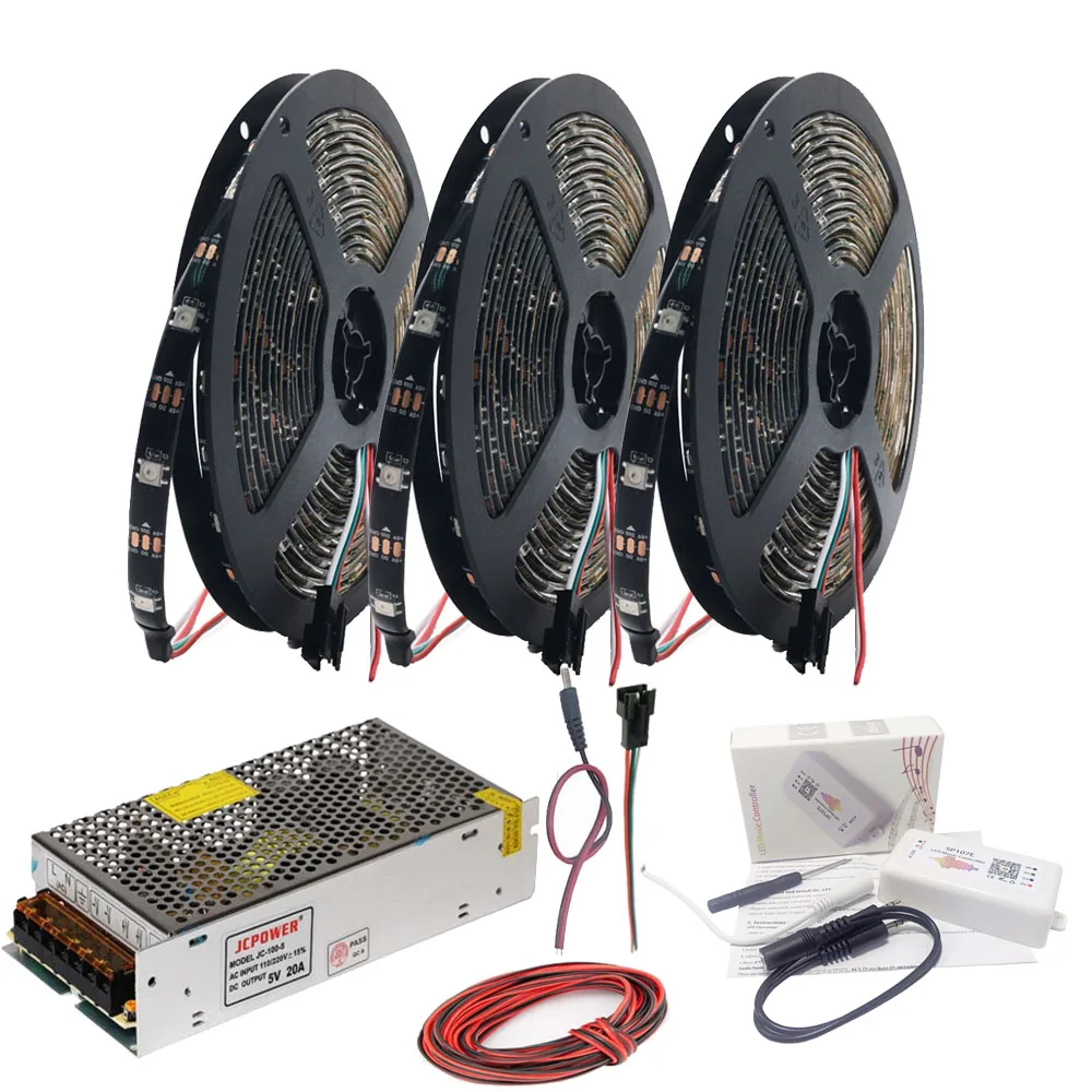 WS2812B WS2812 RGB светодиодный светильник SP107E Bluetooth музыкальный RGB светодиодный контроллер DC5V светодиодный трансформатор 5 м 10 м 15 м 20 м комплект