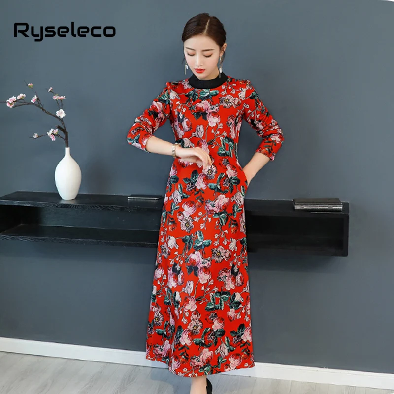 Women Vintage Turtleneck Floral Prints Long Sleeve Casual Basic Plus size Dress Loose Winter Fleece Inner Oversize Dresses | Женская