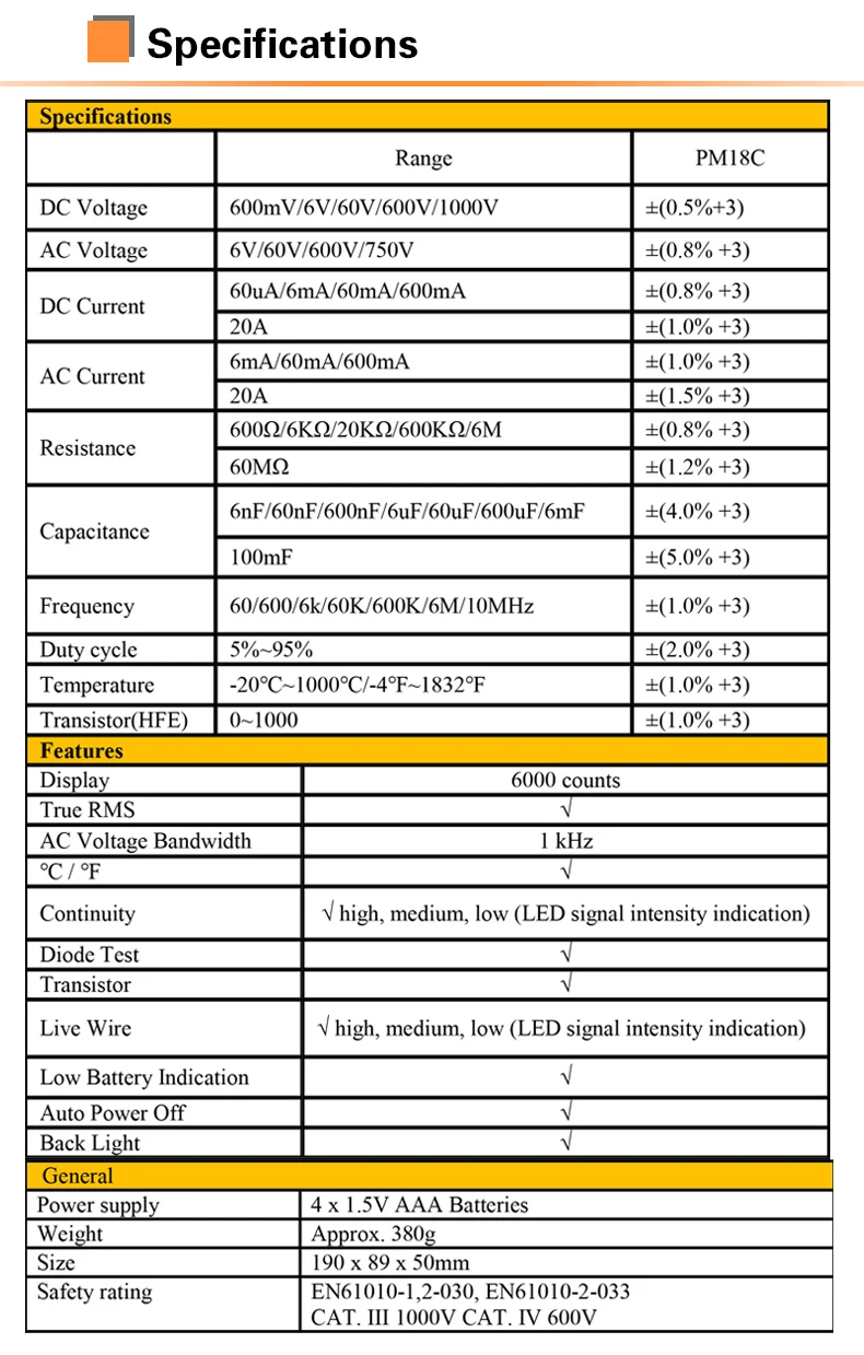 PEAKMETER цифровой мультиметр с истинным RMS AC/DC напряжение Сопротивление Емкость Частота Температура NCV тестер PM18C