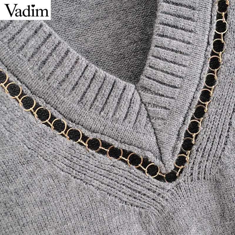Vadim women chain patchwork knitted sweater V neck preppy style long sleeve pullovers female cute stretchy casual tops HA194 | Женская