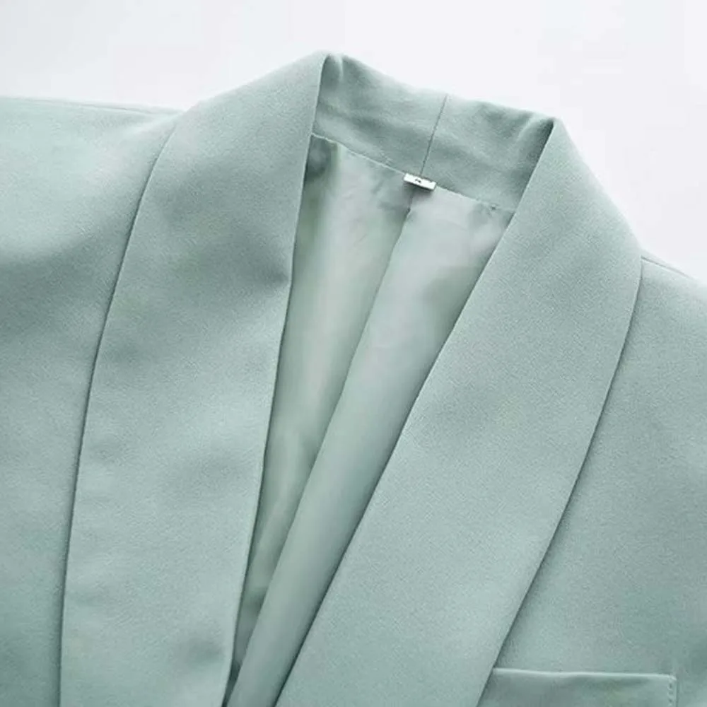 TXJRH Stylish Autumn Mint Green Double-breasted Buttons Blazer Boyfriend Style Fashion Women Mid Long Suit Coat Tops Femme