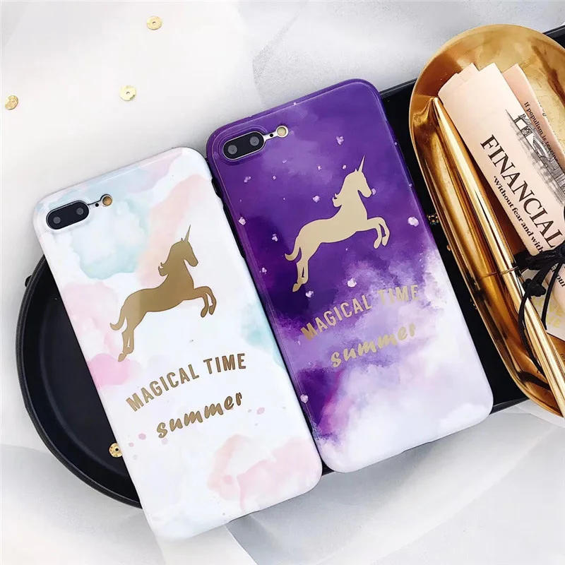 Unicorn Plated Glossy Phone Case For Apple iphone 7 8 X 6 Plus Soft Smooth Patterned Rendering Plastic Black Edge Cover Coque |