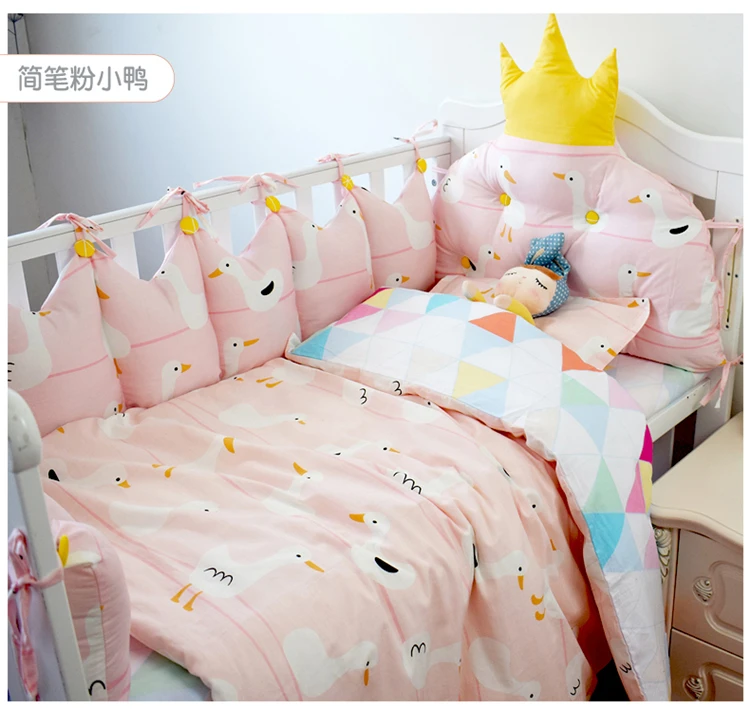 

5pcs Crown Design Baby Bed Linens Set Quality Cotton Cot Kit Baby Crib Bedding Set Include Headrest Pillow Bumpers Flat Sheet