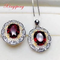 xin yi peng 925 silver inlaid natural garnet ring pendant necklace jewelry set suit a woman