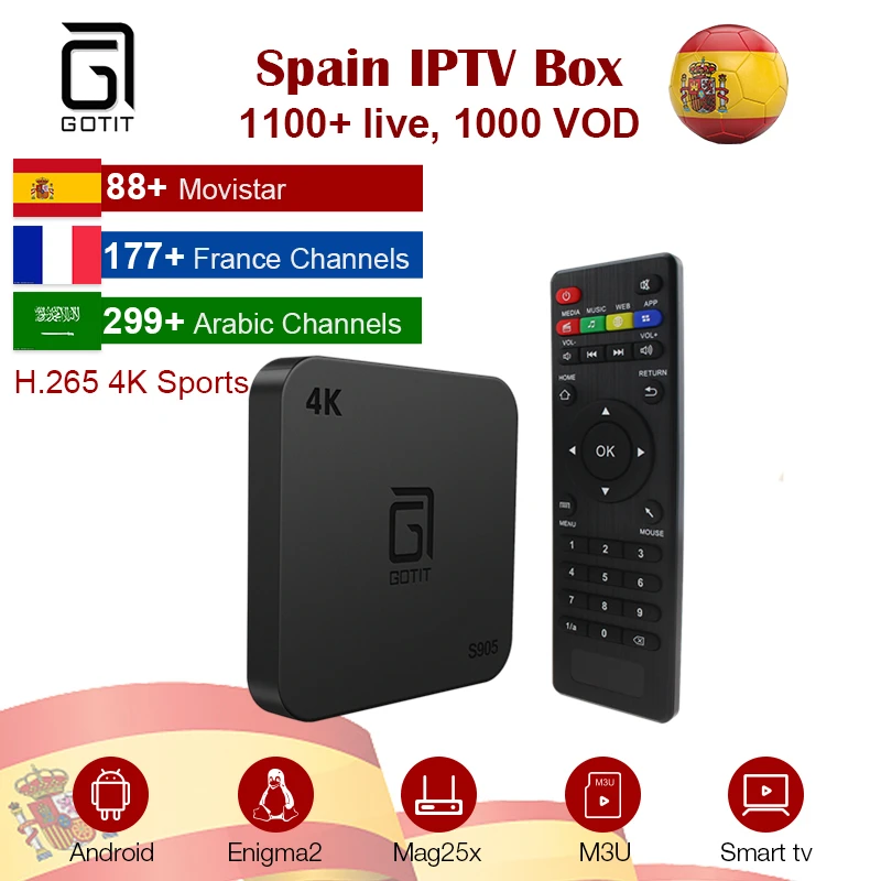 GOTiT Испания IP tv Box S905 4 K UHD Smart Android tv Box+ Procaja IP tv subsciption Арабский испанский Италия Германия лучше, чем QHD tv