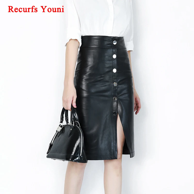 RYS8340 Fashion Style 2020 Winter Genuine Leather Skirt Women Buttocks 60 cm Long Saias Female Beige/Black Buckles Faldas