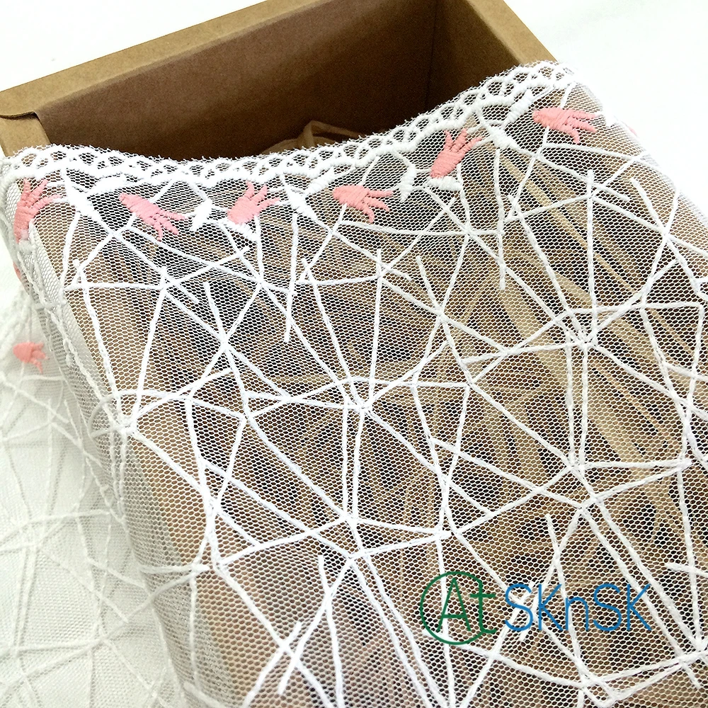 

200 yards/ lot 17cm Width DIY lace trim white pink flower irregular lines mesh lace french lace fabric embroidered lace ribbon