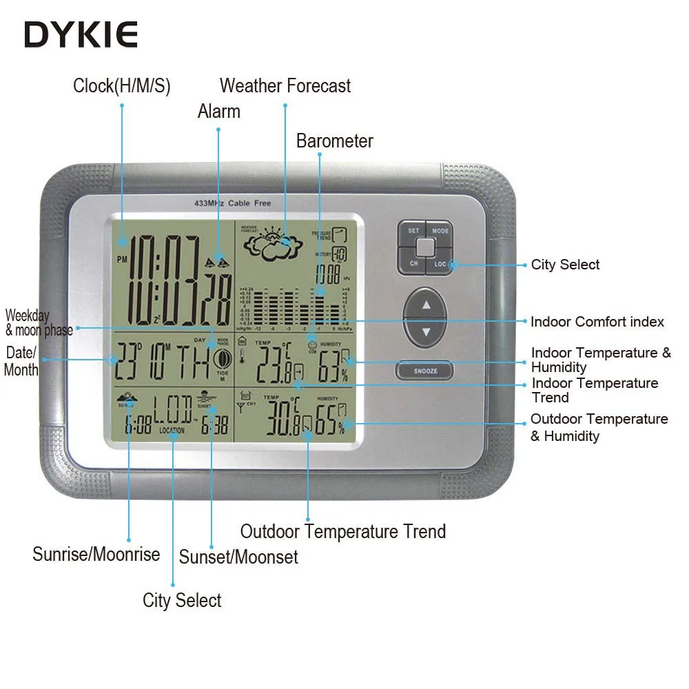 Бесплатная доставка DYKIE цифровая беспроводная метеостанция с будильником Двойной будильник Внутренний наружный термометр Гигрометр Барометр On.