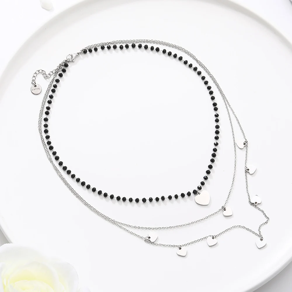 Stainless Steel Layered Necklaces for Women Black Crystal Beads with Heart Pendant Chokers Jewelry 2019 Trendy Female Party Gift | Украшения