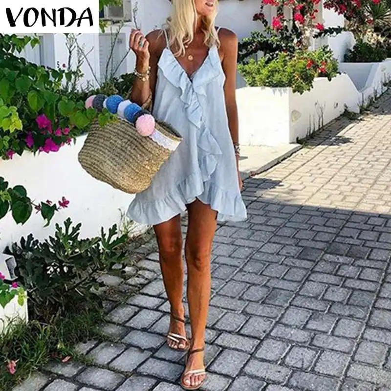 VONDA, Летнее мини платье, женское, сексуальное, без рукавов, с неровным подолом, с рюшами, богемное, Пляжное, праздничное, Dersses размера плюс, с v-образным вырезом, Vestidos - Цвет: Light Blue