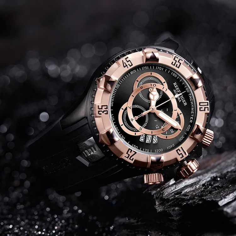 Reef Tiger Aurora Serier RGA303-2 мужские спортивные большие часы водонепроницаемые кварцевые наручные часы с хронографом большой циферблат-розовое золото